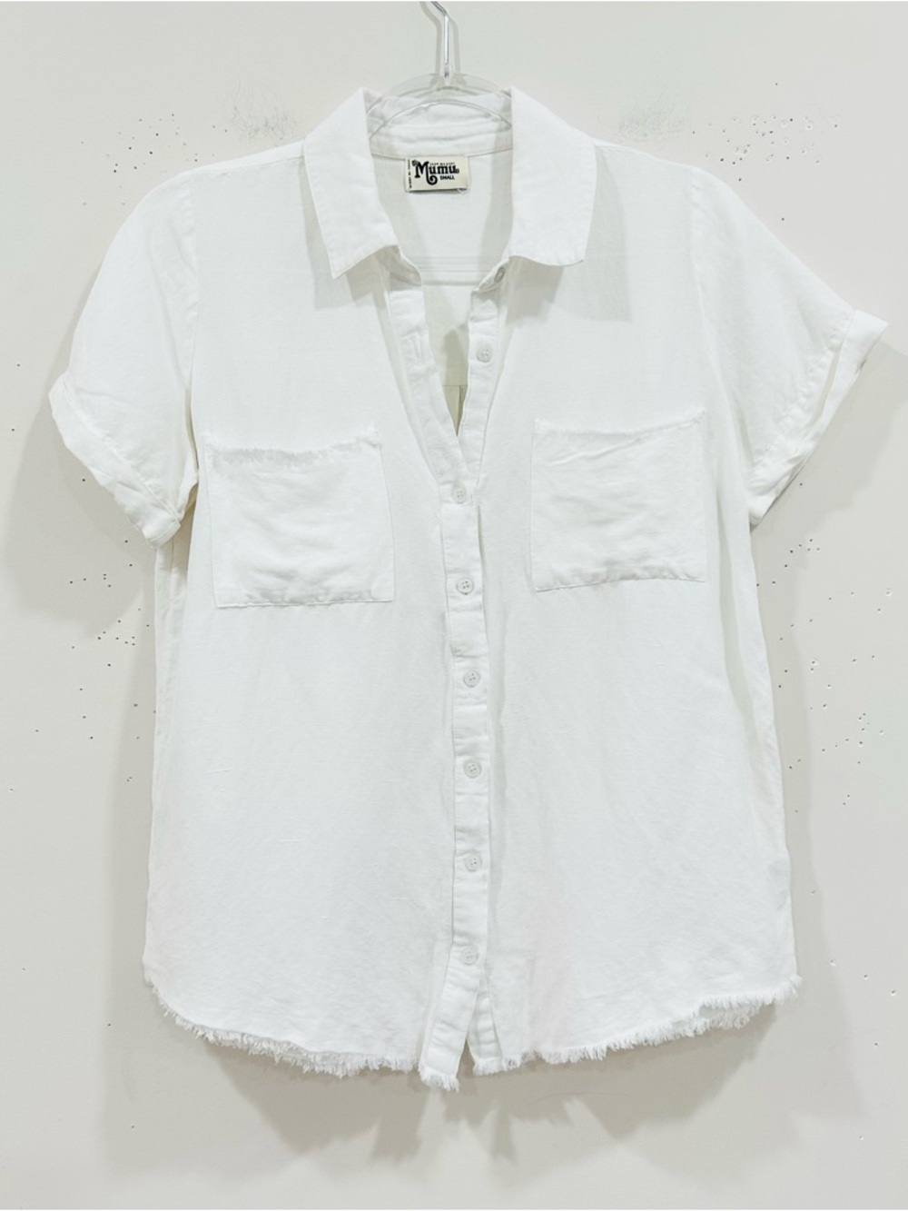 Show Me Your‎ Mumu White Linen  Blend Johns Button Down Shirt Raw Hem Small